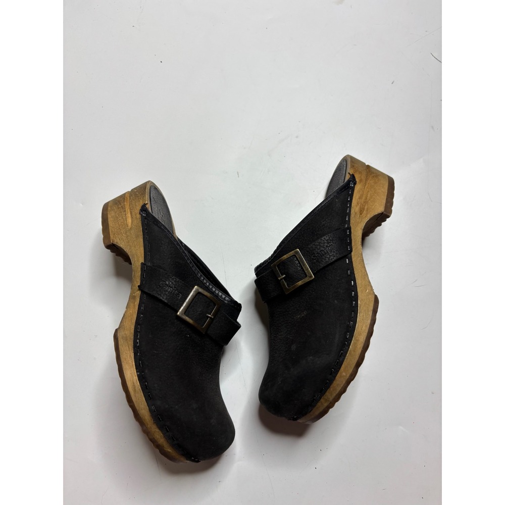 Sanita Black Leather Wooden Clogs Buckle Strap Mule Sandals Womens US 6 EU 36